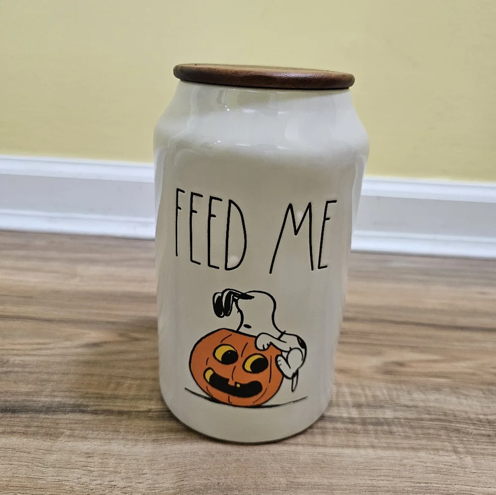 💕2XHOST PICK💕Rae Dunn Peanuts 'Feed Me' Snoopy Pumpkin Treats Container